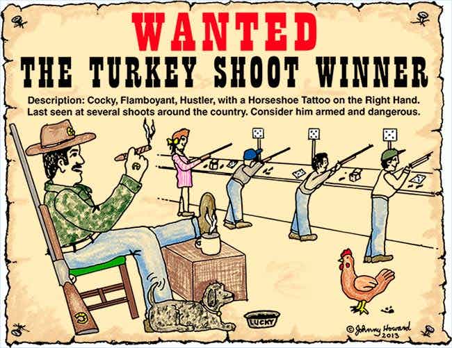Illustration: Smiling turkey shoot winner, leaning back relaxed with  one foot up, watching the next round