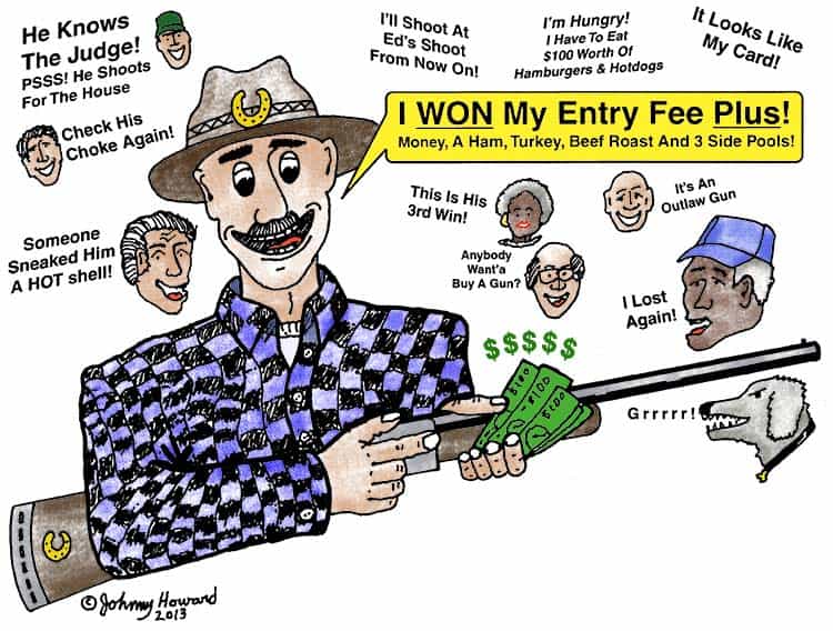 Illustration of man bragging about his turkey shoot winnings. Floating heads speculate on how he won.