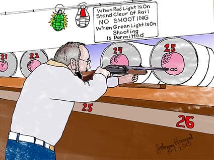 Man using plastic barrel to muffle turkey shoot sound